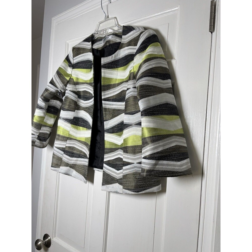 Kasper Womens 14 Green/Brown/Cream Striped Textured Open Collarless Blazer - Picture 2 of 8